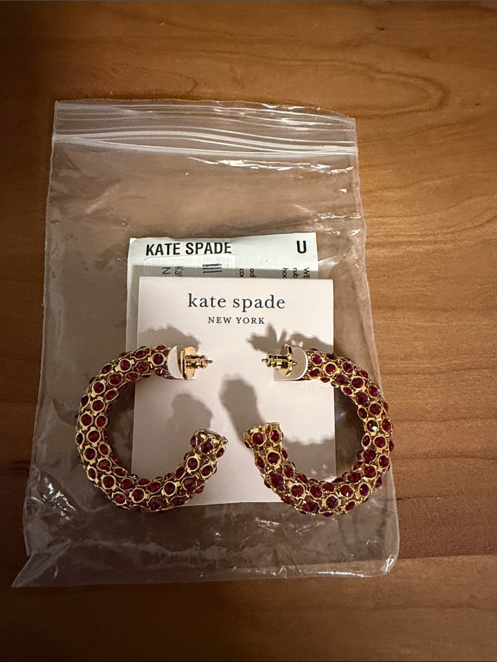 kate spade Gold Hoop Earrings with Red Crystal Accents